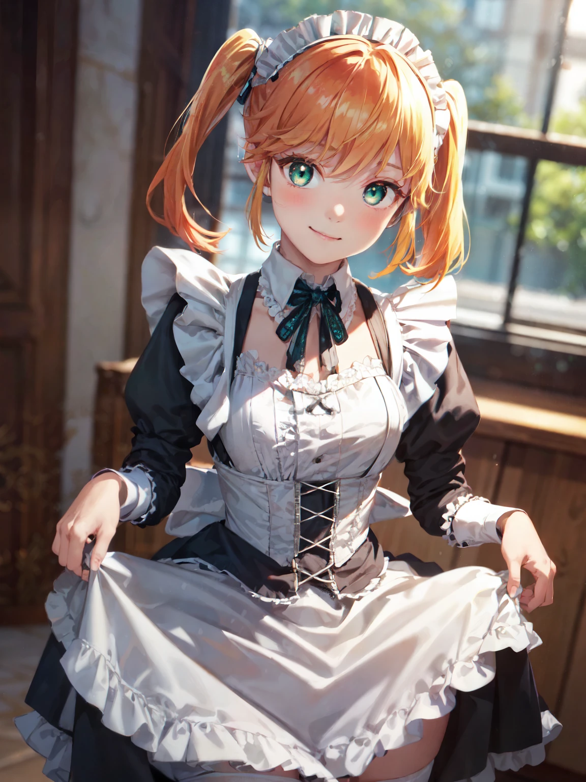 masterpiece, Highest quality,One Girl,tart、Shooting from the front、smile、(beautiful, Clear orange hair:1.2)、Twin tails、attractive green eyes、Very attractive, beautiful light blue eyes、(Skirt lift up:1.5)、White maid outfit、(victorian maid outfit:1.5)、Bright green eyes、beautiful目, Sharp pupils, Sharp focus, (Very detailed, bloom, Shine)、(Genuine、Realistic、Realistic)、High resolution、超High resolution,(View your viewers:1.2),Beautiful thighs、