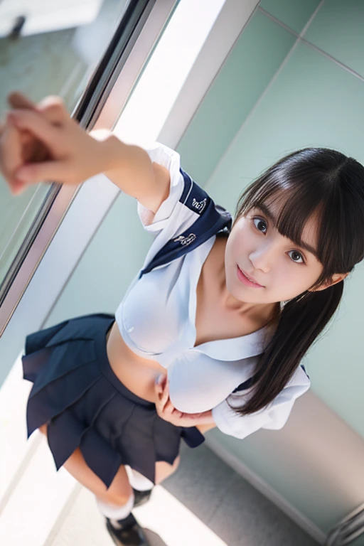 1girl, (solo), (selfie), smile, (17 years old), big breast:1.5, ((beautiful anime eyes with fine detail)), realistic skin, sailor suit, (Navy blue pleated miniskirt), beauty of slender female legs, thigh-high socks,