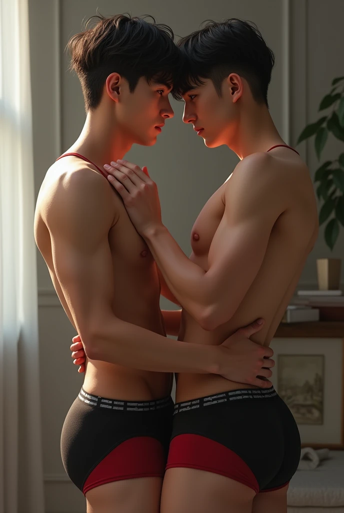 2  males posing, (((16yo sport body, atmospheric, khaki patterned text boxers, square teen male face, full body view, slave, focused on face, dark atmosphere, bedroom