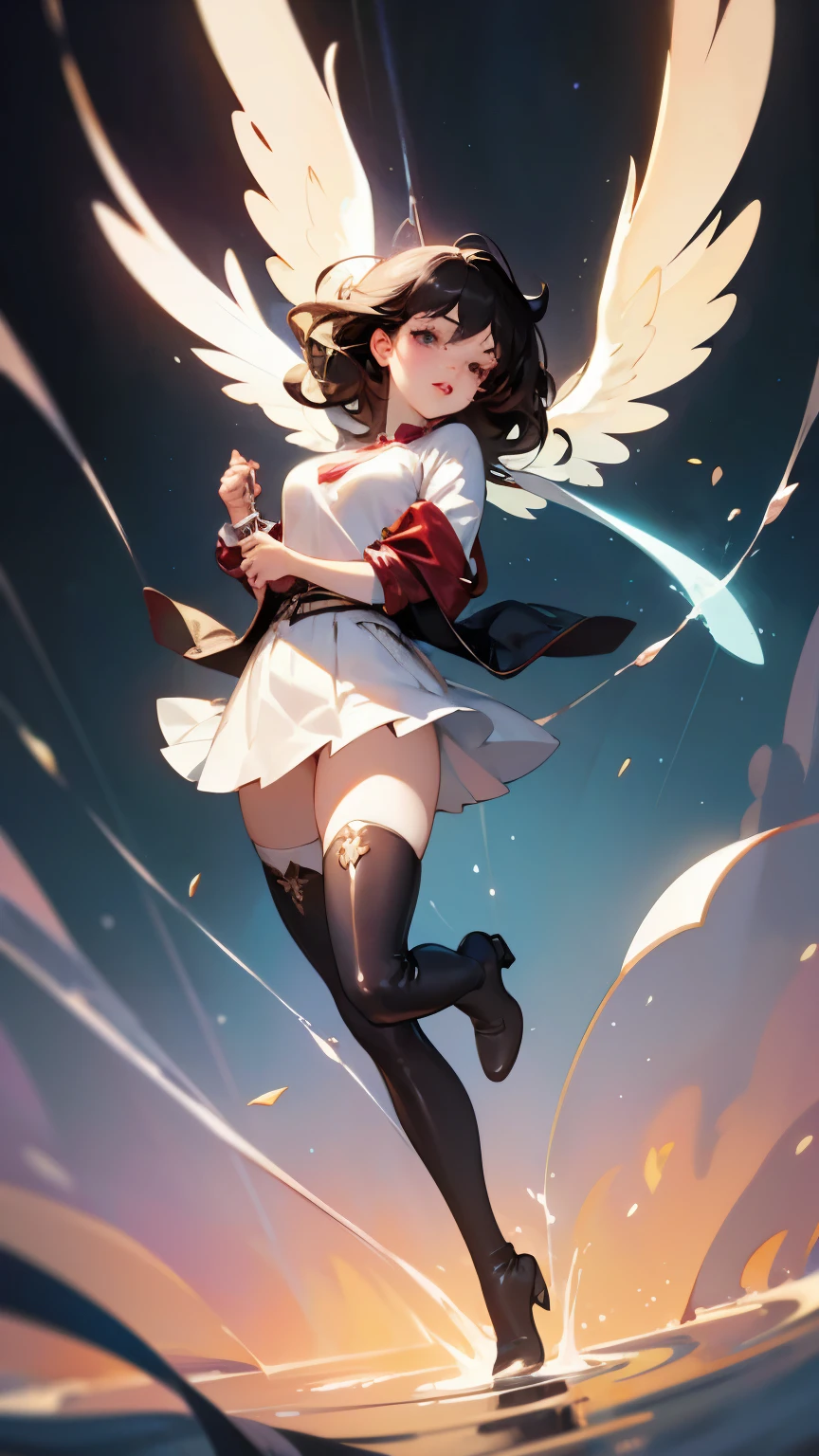 The winning entry, a cute angel in love and a devil in love transformed into one ethereal woman, photorealistic full body portrait, full costume and thigh high boots, glittering flowing liquid in the background, other dimension effect, double exposure effect, realistic cartoon style influenced by happy French rocker woman, short wavy black hair with red and white highlights, glossy lips, wearing old black leather jacket, white t-shirt, optical gimmick equipped