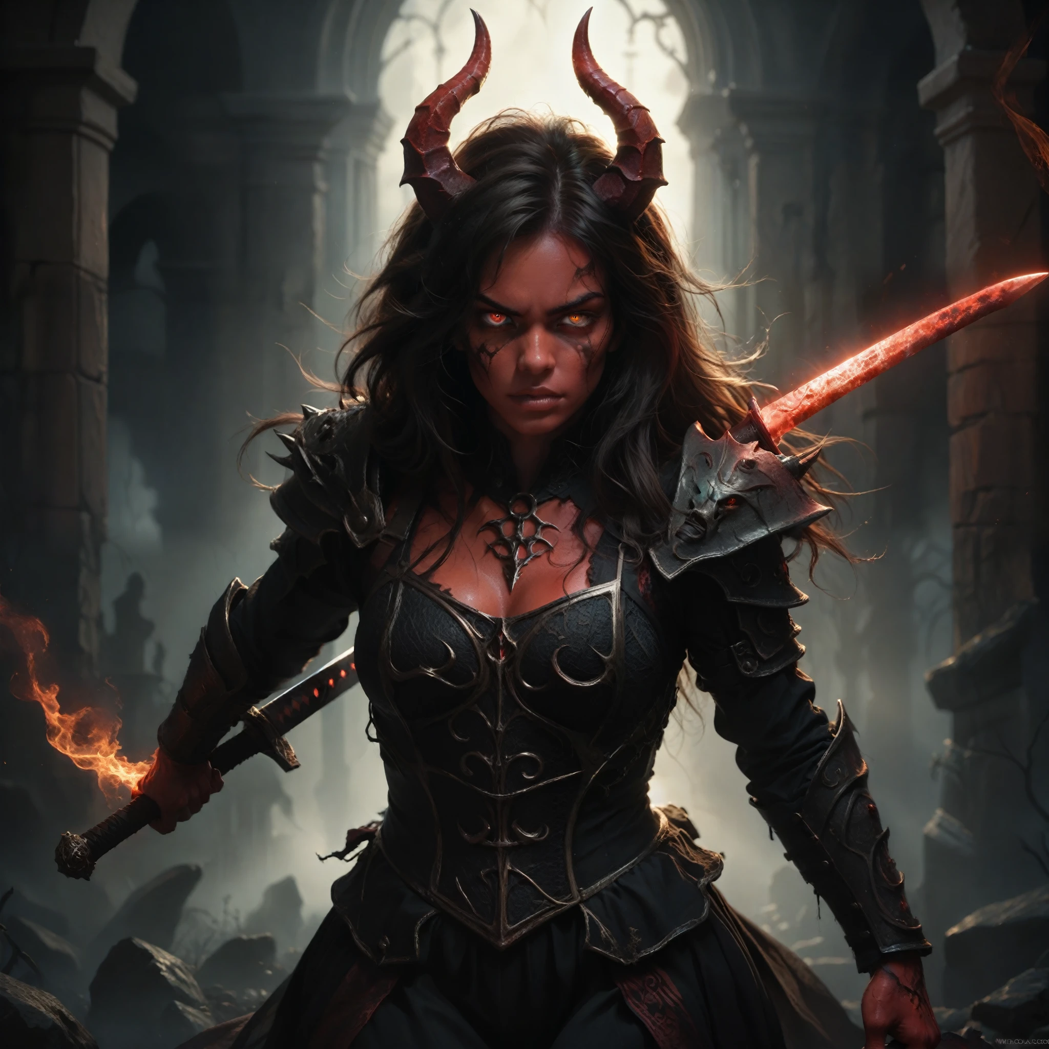 [Best quality, shaded, extreme details, very detailed, ultra detailed, complex, realistic], wolfwoman, hell, red, villain action, 1girl, detailed face, detailed eyes, detailed lips, detailed eyebrows, long hair, horns, claws, glowing red eyes, demonic expression, red skin, body armor, wielding sword, dramatic lighting, dark fantasy, cinematic, moody, high contrast, muted colors, dramatic pose, action