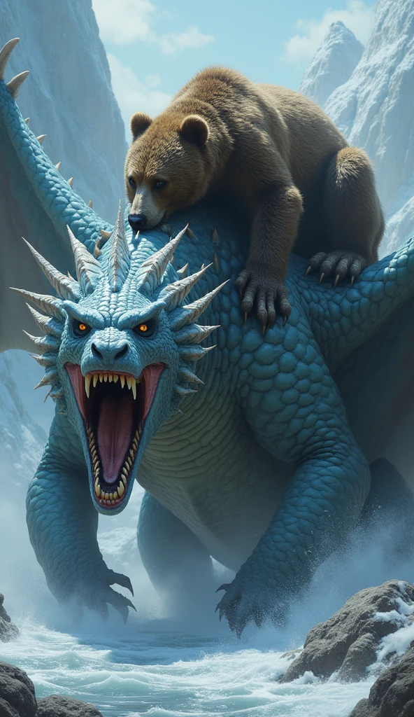 duo: ( polar well built polar bear standing spread legs merging skin ) , floating ( coming from hehind , blue eyes dragon , dark blue and azure scales and white belly, yellow crest hair , skinny well built , profile, fulfilled face, kemono , high quality , by rossciaco )