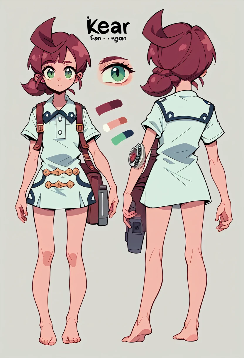 Character Reference Sheet, ConceptArt, cute girl, short dress ,nice foot focus,barefoot, Character Sheet, The same character