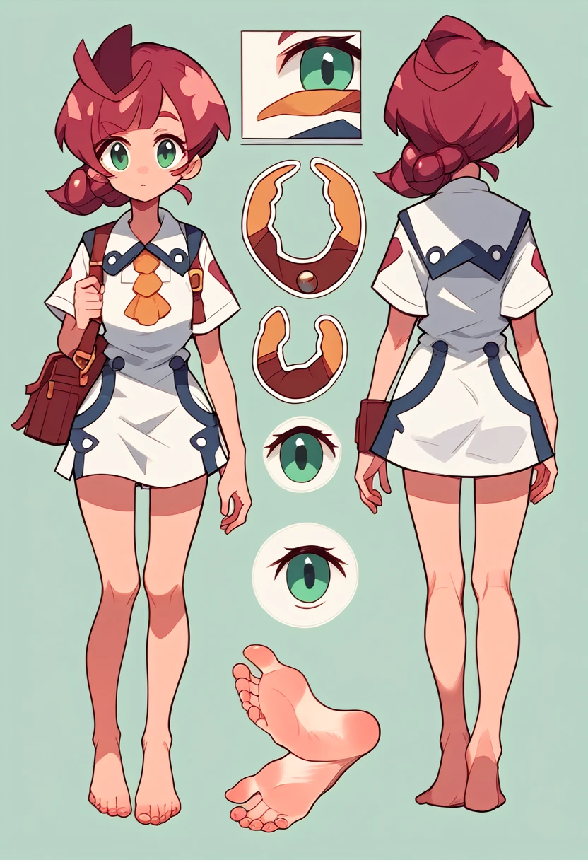 Character Reference Sheet, ConceptArt, cute girl, short dress ,nice foot focus,barefoot, Character Sheet, The same character