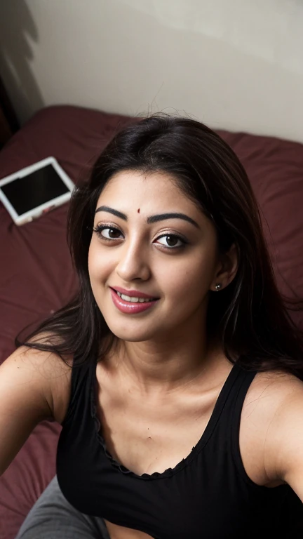 Top down view,extreme close up photo of sexy young pranitha, night time,navel , seductive eyes, look at viewer and subtle smile, red glossy lips, seducing in bedroom, tshirt, sultry, (raw photo:1.3), intricate details, (ArtStation:1.2), ((selfie point of view)),(( long face)), (perfect eyes), unpierced navel