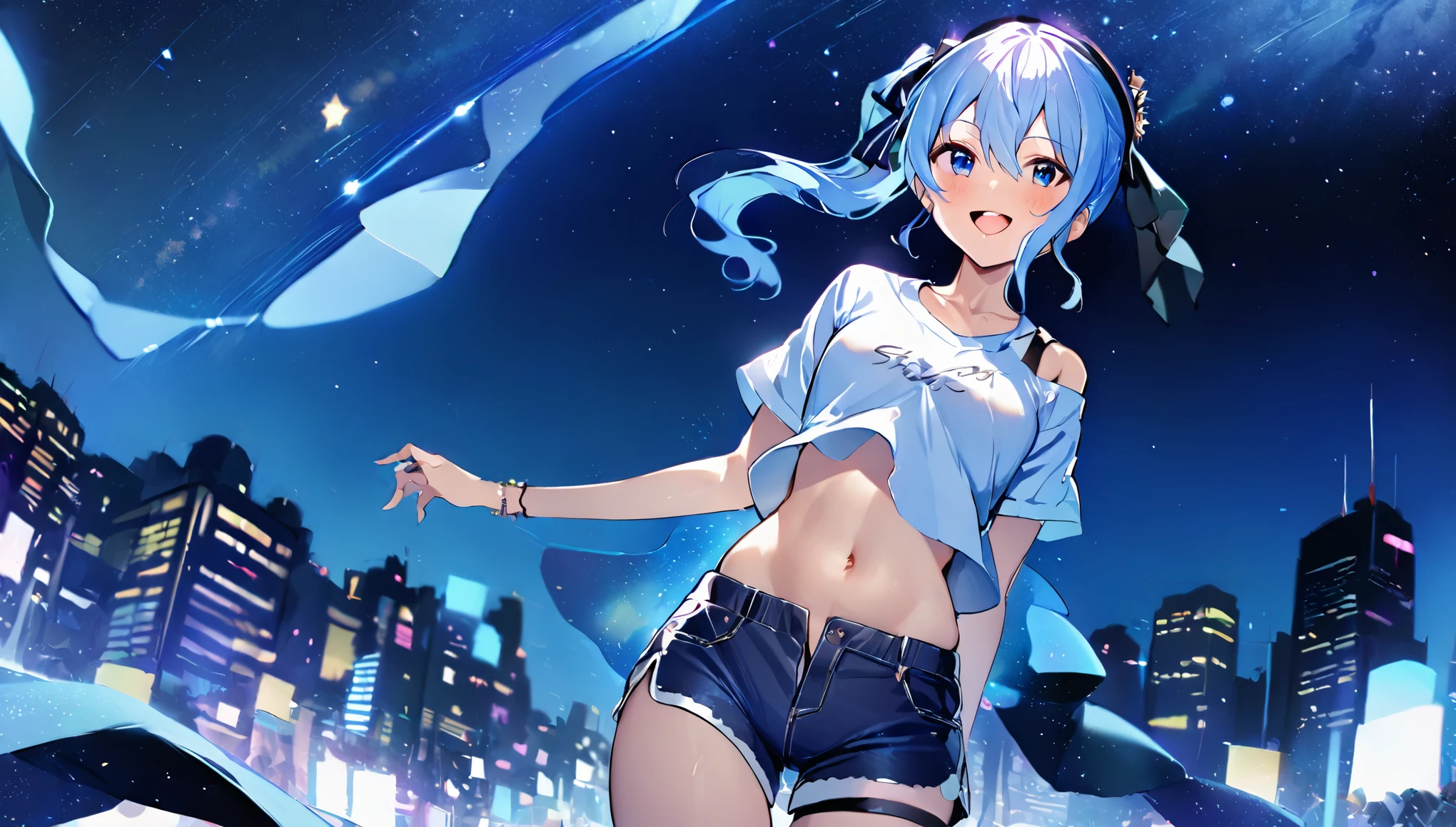 (8k、Best image quality、highest quality、masterpiece)、Detailed face、 1teen_girl、Blue Hair、Long Hair、sideponytail、dark_blue_eyes、smile,(navel_peek)、(small_breasts:0.8),(White_short_T-shirt:1.3)、Off the shoulder、Black shoulder straps、(open_front_shorts,denim_short_shorts:1.2)、City Background, starry_sky_landscape ,hoshimachi suisei,(covered_nipples:0.3), (belly_button:1.2),happy,open_smile,shout,solo,stargaze,girl_looking_up_sky,slender,solo,boots,abs, tight_waist, dynamic_dancing