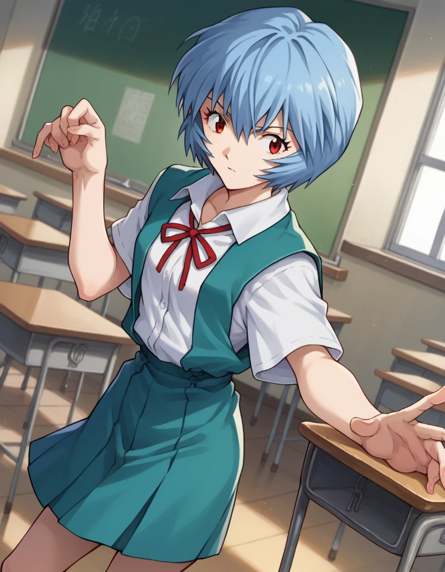 (sauce_anime, Rayanami, Rei Ayanami, Blue Hair, short hair, Red eyes,whole body), skirt, Open shirt, Click the, school uniform, Short sleeves, red Click the, neck Click the, tokyo-3 middle school uniform, indoor, classroom, Make eye contact, Dutch Angle, Dynamic pose