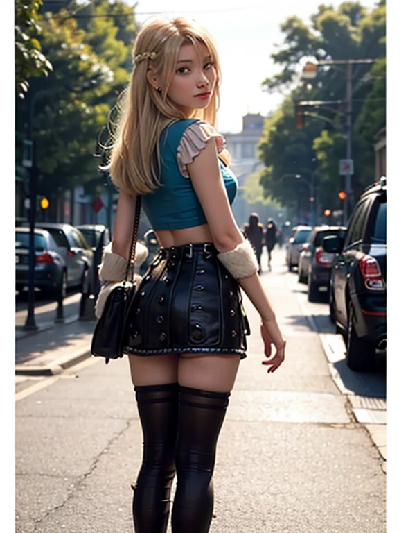 Caucasian woman, young, blonde hair, straight hair, long hair, hair with pigtails, light blue eyes, lined eyes, bright eyes, shiny eyes, red lipstick, smile, (((athletic body))), (((small breasts))), nipples, ((legs)), (((black crop top sweater))), ((short plaid pleated skirt)), earrings, In the city, in the street, ((sunrise)), standing, poses for the camera, ((back)), (buttocks), ass, ((Shot from bottom to top)).