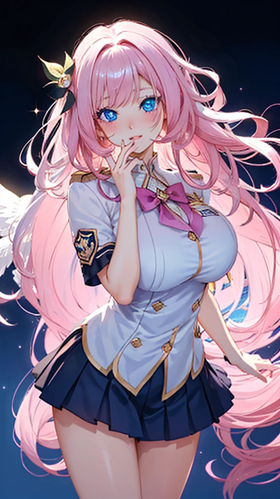 Masterpiece, ultra-high definition, ultra-high quality, 8K quality, beautiful CG artwork, a woman, a goddess-like divine posture, slim and perfect body line, soft atmosphere, transparent skin, pink hair, (((Shining blue eyes, shining on eyes))), flowing hair aesthetic appearance, white and juicy skin, oversized breasts, JK uniform, perspective part 1. Silhouette effect is doubled, delicate transparent blue pattern on the uniform, details are intricate and exquisite, background is a bit blurred, attractive and seductive legs temptation, blush, upper body