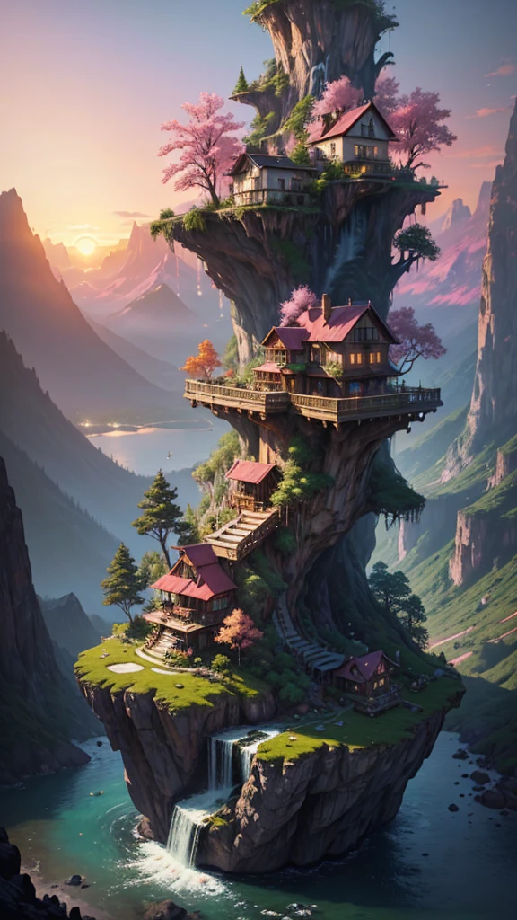 ChromaV5, nvinkpunk, analog style, Beautiful house on a beautiful mountain, full of detailed spring pink trees, with beautiful and realistic waterfalls in the background, with a beautiful and breathtaking sunset, conceptual art, Art by Greg Rutkowski and Albert Bierstadt, trending on artstation, oil painting, octane rendering, cinematic