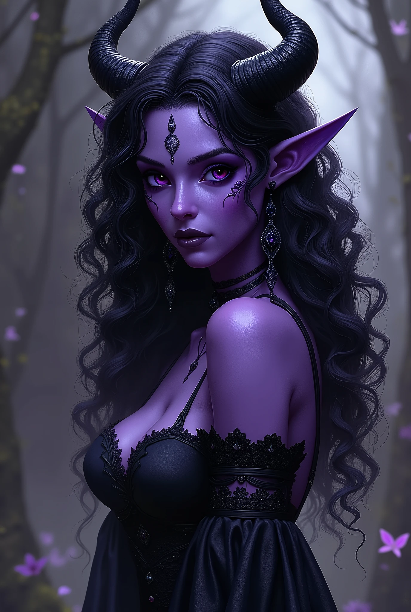 Gothic woman, purple hair, elf, necromancer
