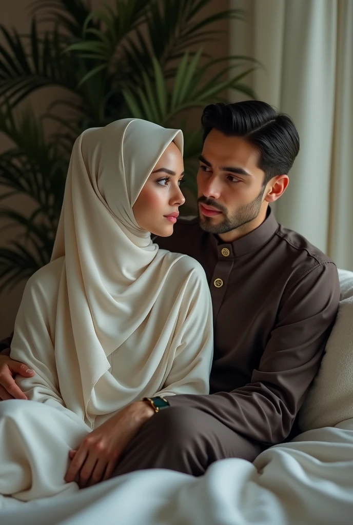 Modern. Not wear. Elegant couple, masculie man (mature) and beautiful girl. 8K resolution. Masterpiece. three people, two women and one man, two separate yet interconnected scenes. in the foreground, there is a woman wearing a white hijab with a calm expression. this woman is positioned on the left side of the image. in the baground the is a bridal couple. the man is wearing suit with a bow tie, while the woman beside him eraring wedding gown. no blur