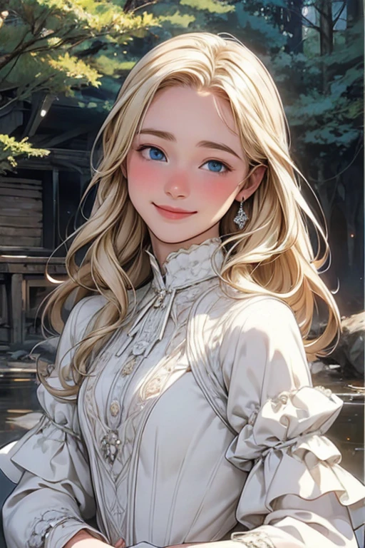 village realistic、Virginia Otis 1 blonde with blue eyes、Victorian city, Europe. an aristocrat、Looking up from the bottom、 wear a long sleeve sheer dress、Various dynamic sexual positions、face smile、cute face, Depicts the whole body、