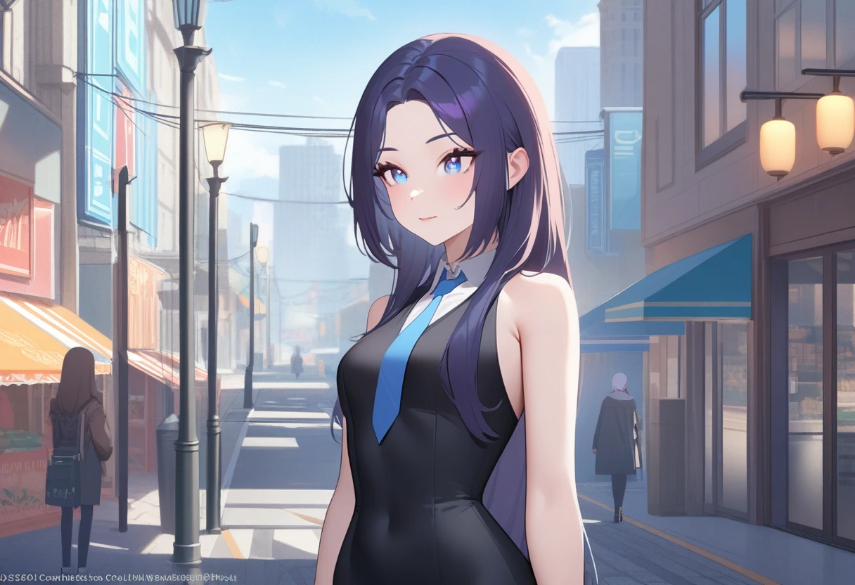 Anime girl with long hair and blue eyes standing on the city street, Popular content on ArtStation Pixiv, Purple Eyes, Blue tie, beautiful (Delicate eyes, Delicate face,) Aheiyan, Yuradev, Noble temperament, High heel, No watermark