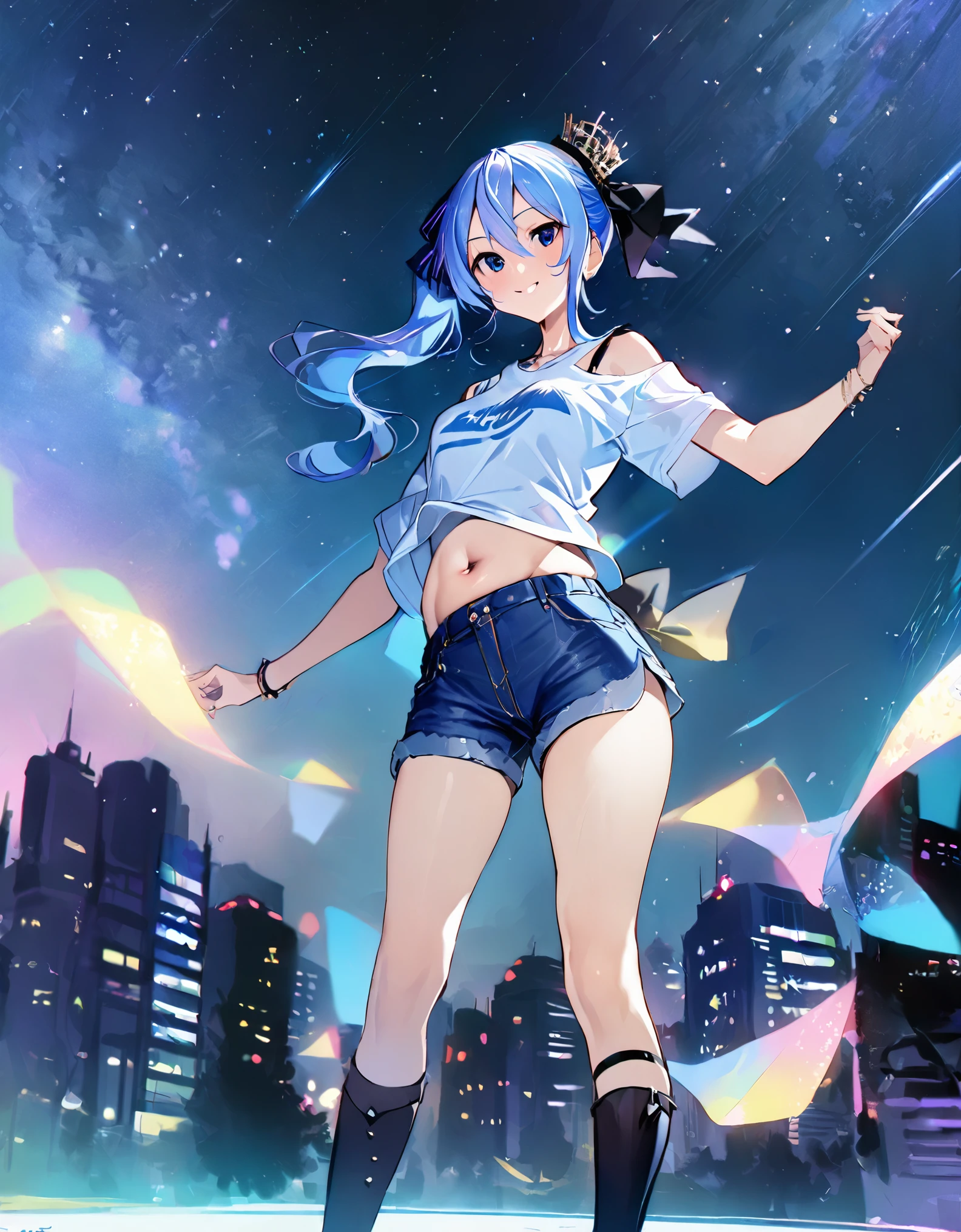 (8k、Best image quality、highest quality、masterpiece)、Detailed face、 1teen_girl、Blue Hair、Long Hair、sideponytail、dark_blue_eyes、smile,(navel_peek)、(small_breasts:0.8),(White_short_T-shirt:1.3)、Off the shoulder、Black shoulder straps、(open_front_shorts,denim_short_shorts:1.2)、City Background, starry_sky_landscape ,hoshimachi suisei,(covered_nipples:0.3), (belly_button:1.2),nihil,solo,stargaze,girl_looking_up_sky,slender,solo,boots,abs, tight_waist, dynamic_dancing