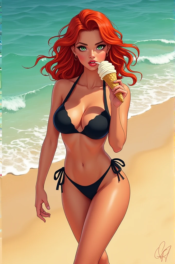 Short pretty woman 1.60 with curly hair redheads, White, she is on the beach in a short pink bikini eating a chocolate and strawberry ice cream cone