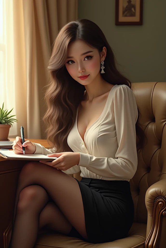 ((highest quality)), ((masterpiece)), (detailed), whole body、wallpaper、Leaning forward、Perfect Face、Perfect body、Light brown hair、Beautiful Skin、A beautiful half Korean and half Russian girl、(masterpiece:1.3), (8k, Photorealistic, Raw photo, Best image quality: 1.4), (Rough long hairstyle:1.2)、Cleavage:1.2、Japanese office lady