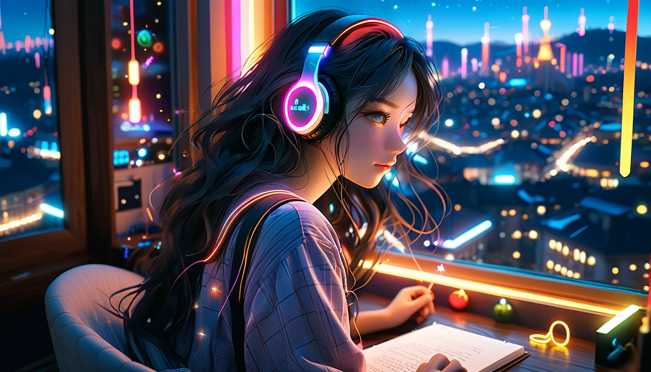 Beautiful girl studying in her room while listening to music with headphones、long hair、Warm indirect lighting、Beautiful cityscape from the room window、Japanese anime style、