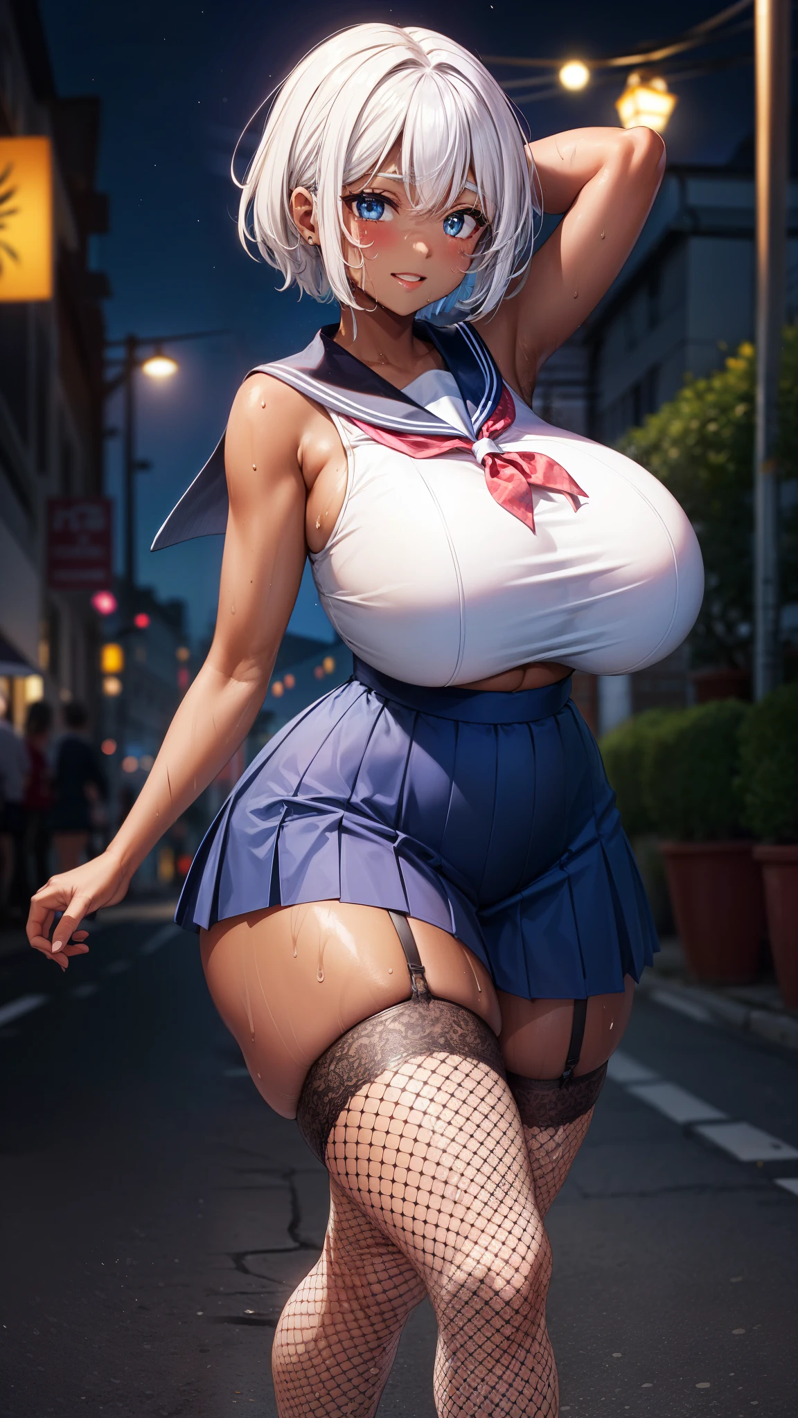 ((8k,Highest quality、Very tall、back shot、Voluptuous girl))、(gigantic tits，Thick thighs、Big Hips、Very long legs、Short Hair、arm up:1.3)、Blonde、blue eyes、(Dark Skin、Sweaty:1.3)、(Plump、happy smile:0.75)、Sleeveless sailor suit、Dark blue slit skirt、Fishnet tights、Belly button、Garter Stockings、Dark back alley、night