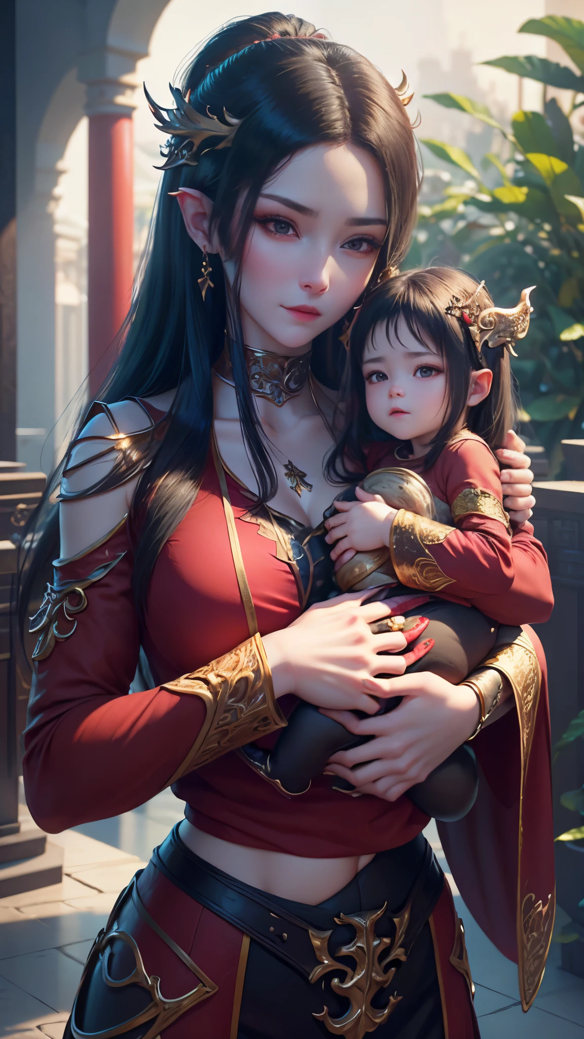 a beautiful young woman in a traditional chinese fantasy outfit, (((holding a baby girl))), both with long black hair and hair decorations, smiling lovingly, anatomically correct, craftsmanship, (best quality,4k,8k,highres,masterpiece:1.2),ultra-detailed,(realistic,photorealistic,photo-realistic:1.37),HDR,UHD,studio lighting,ultra-fine painting,sharp focus,physically-based rendering,extreme detail description,professional,vivid colors,bokeh,portraiture,fantasy, holding a baby girl