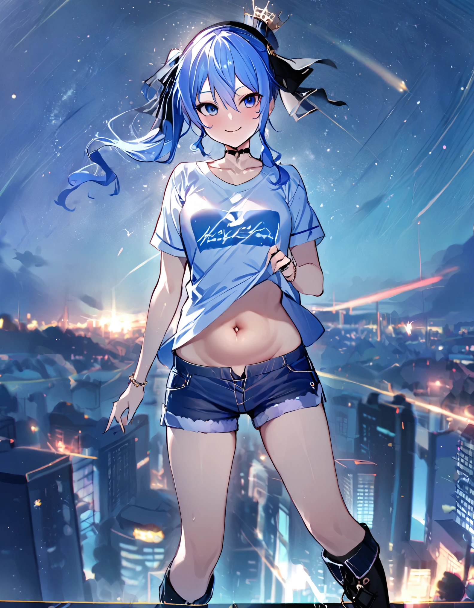 (8k、Best image quality、highest quality、masterpiece)、Detailed face、 1teen_girl、Blue Hair、Long Hair、sideponytail、dark_blue_eyes、smile,(navel_peek)、(small_breasts:0.8),(White_short_T-shirt:1.3)、Off the shoulder、Black shoulder straps、(open_front_shorts,denim_short_shorts:1.2)、City Background, starry_sky_landscape ,hoshimachi suisei,(covered_nipples:0.3), (belly_button:1.2),nihil,solo,stargaze,girl_looking_up_sky,slender,solo,boots,abs, tight_waist, point_to_sky