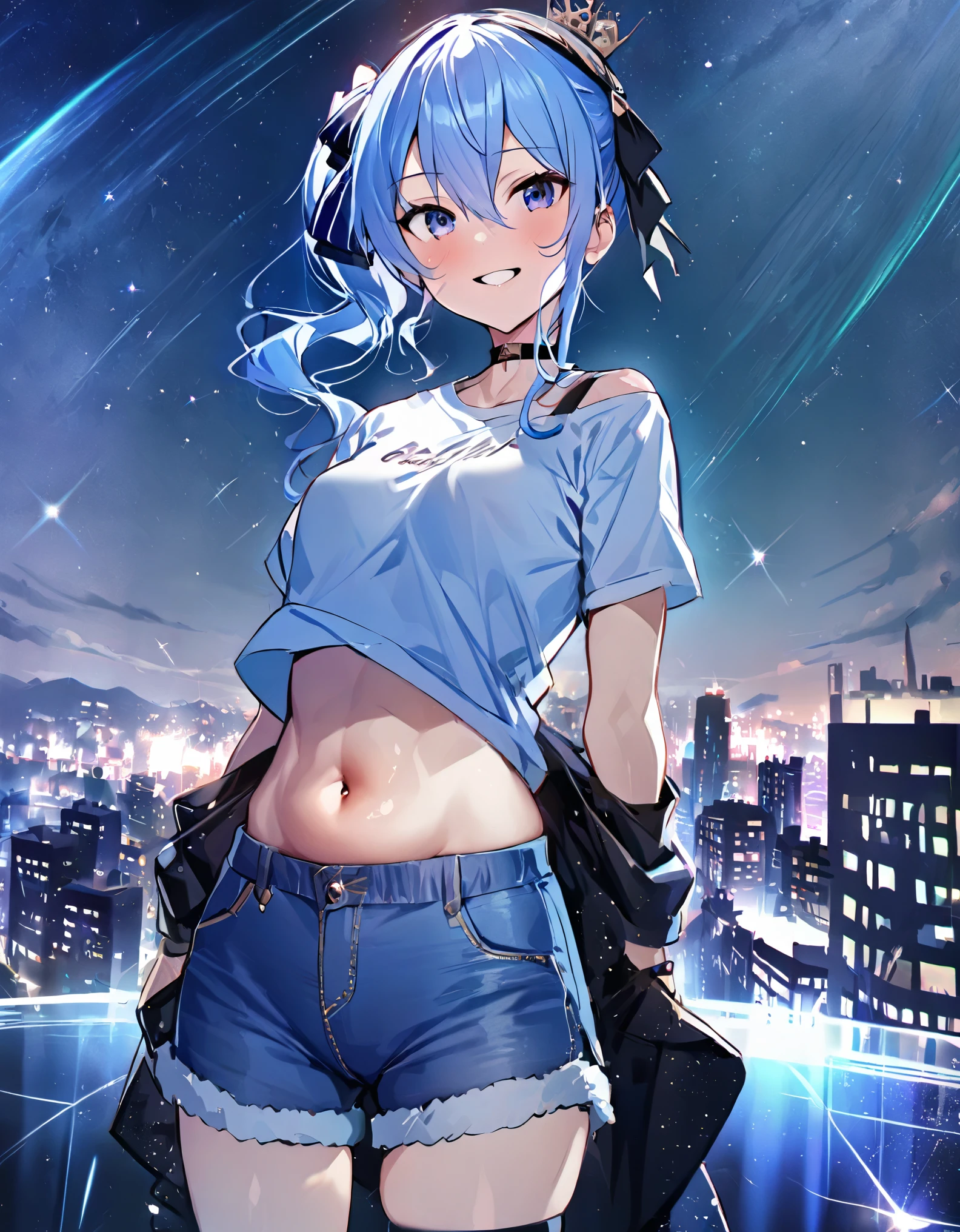 (8k、Best image quality、highest quality、masterpiece)、Detailed face、 1teen_girl、Blue Hair、Long Hair、sideponytail、dark_blue_eyes、smile,(navel_peek)、(small_breasts:0.8),(White_short_T-shirt:1.3)、Off the shoulder、Black shoulder straps、(open_front_shorts,denim_short_shorts:1.2)、City Background, starry_sky_landscape ,hoshimachi suisei,(covered_nipples:0.3), (belly_button:1.2),nihil,solo,stargaze,girl_looking_up_sky,slender,solo,boots,abs, tight_waist, point_to_sky