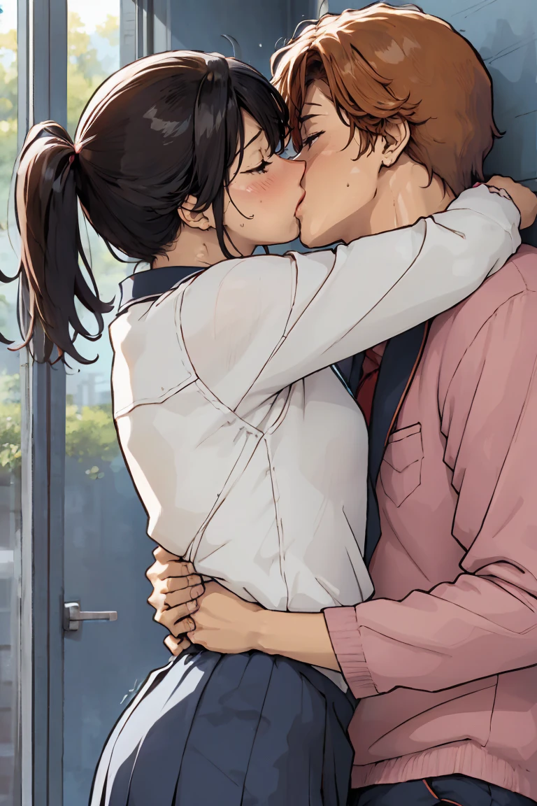 Couple、Heterosexual、Male 1 person、Female 1 person、Embrace、kiss、School uniforms、Backlight、Sunset、School terrace、kiss、フレンチ kiss、舌kiss、Woman touches man's crotch、Close your eyes、blush、Leaning against a wall