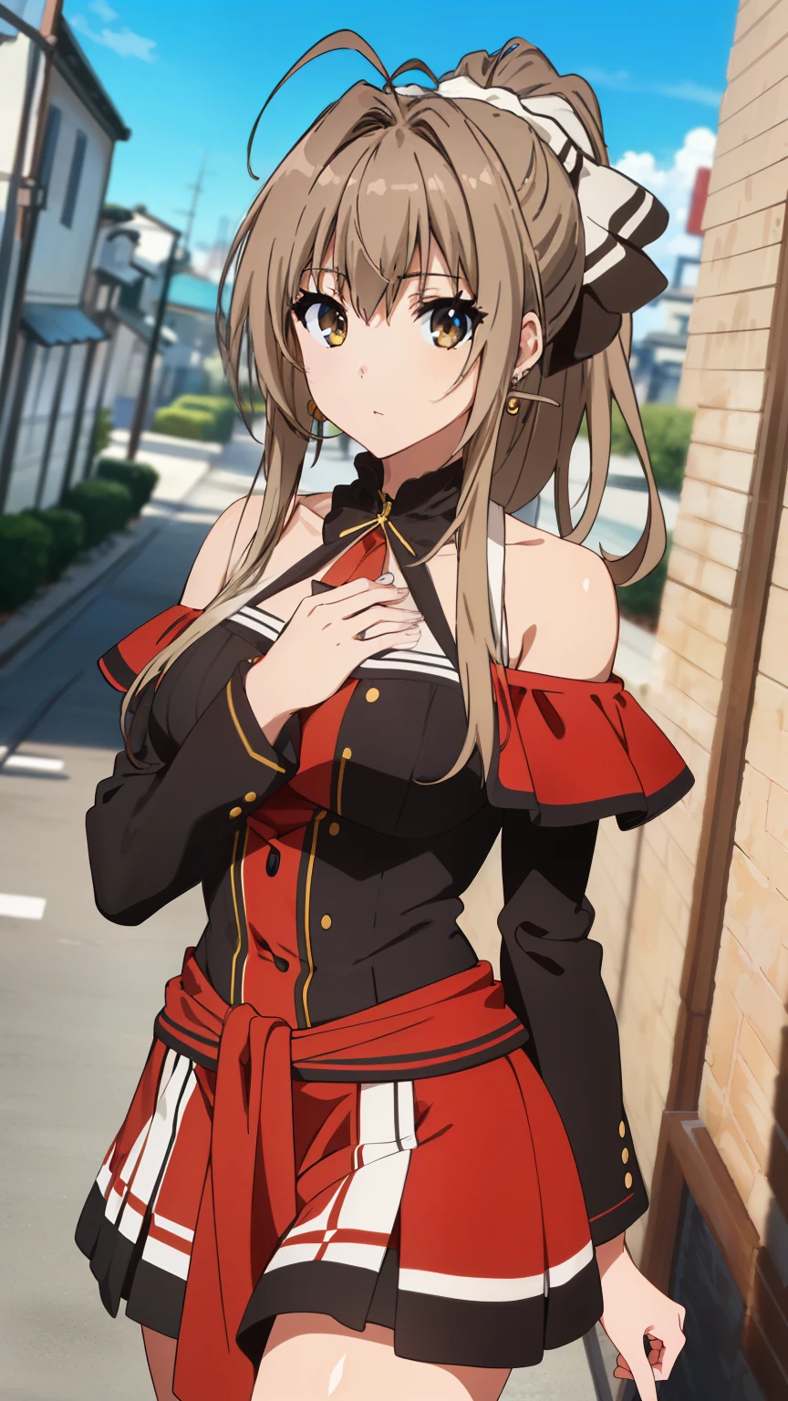 (masterpiece, best quality, high resolution, 8k:1.2), Anime coloring, Kyoto Animation, very detailed, beautiful eyes, perfect eyes, detailed eyes, feature large highlight, detailed face, ultra-detailed, 1 girl, alone, Sento Isuzu,brown hair, long hair, antenna hair, ponytail, brown eyes, (large medium breasts:0.8), (off-shoulder, mini skirt, earrings, city), stylish pose,looking at the viewer,in the center of the image, (beautiful_chest:1.1), (beautiful_face:1.2), (beautiful_ waist:1.2), cowboy shot, dutch angle,