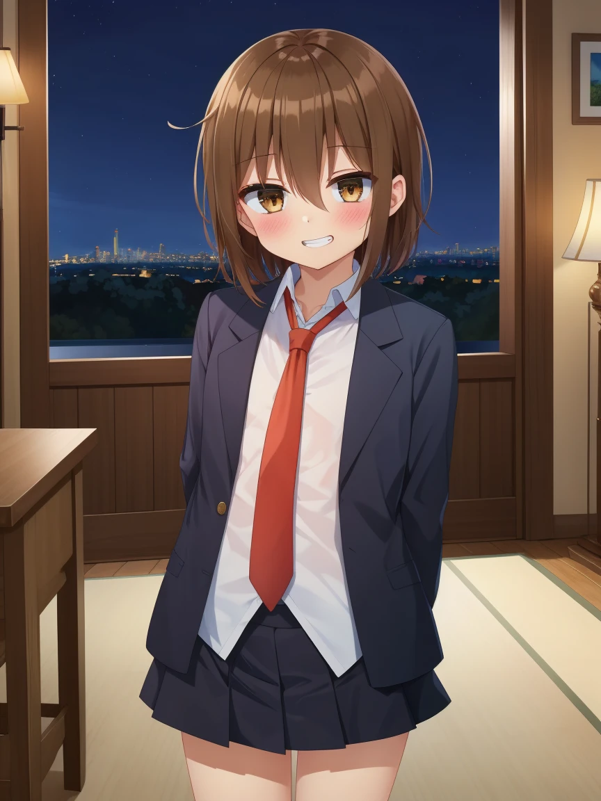 Portrait, official art, best masterpiece, best quality, best resolution, 8K, best detailed, highly detailed mouth, highly detailed eyes, perfect anatomy
BREAK
cowboy shot, finger to mouth, one arms behind back
BREAK
WakabaKC, brown hair, brown eyes, white shirt, black blazer, black skirt, red necktie, school uniform, solo, 1small girl, (very small breasts), (child_like build, short stature:1.2)
BREAK
(happy), (blush:1.2), smile, little grin
BREAK
luxurious mansion, living room, (night, midnight, darkness:1.3), very fine and detailed 16KCG wallpapers