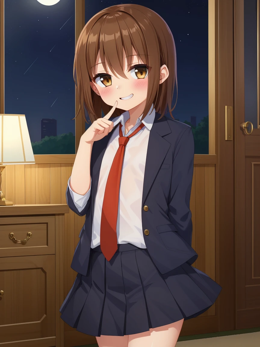 Portrait, official art, best masterpiece, best quality, best resolution, 8K, best detailed, highly detailed mouth, highly detailed eyes, perfect anatomy
BREAK
cowboy shot, finger to mouth, one arms behind back
BREAK
WakabaKC, brown hair, brown eyes, white shirt, black blazer, black skirt, red necktie, school uniform, solo, 1small girl, (very small breasts), (child_like build, short stature:1.2)
BREAK
(happy), (blush:1.2), smile, little grin
BREAK
luxurious mansion, living room, (night, midnight, darkness:1.3), very fine and detailed 16KCG wallpapers