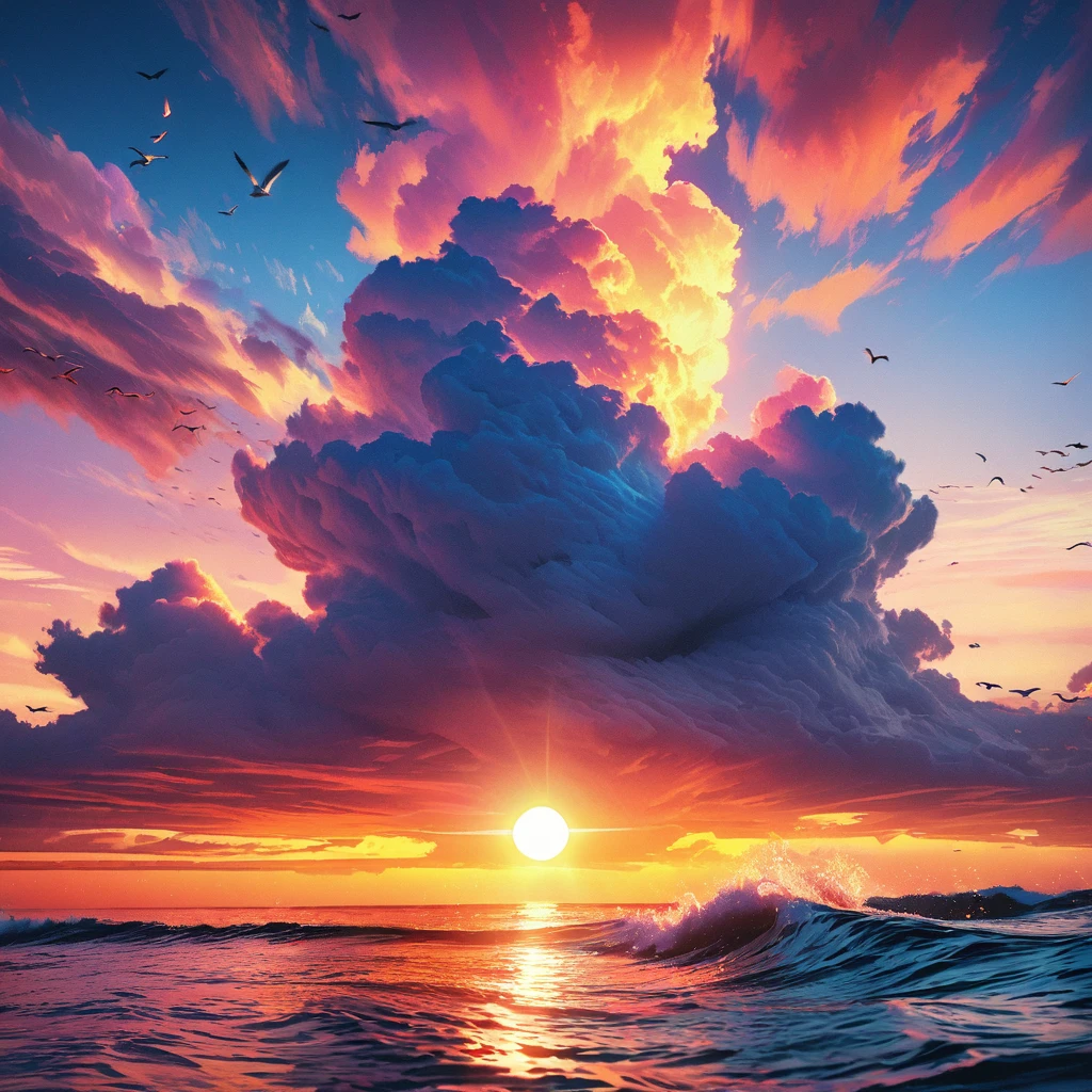 a colorful gradient sky and sea, dramatic clouds, detailed ocean waves, birds flying, sunset, vibrant colors, cinematic lighting, serene and peaceful atmosphere, photorealistic, 8k, hyperdetailed, masterpiece, landscape, highly detailed, glowing sun, golden hour,(60's american pop art style)