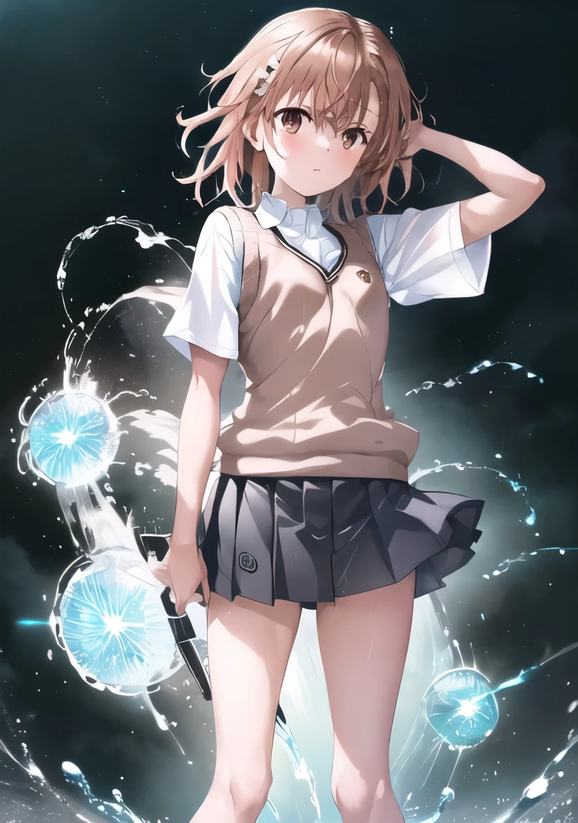 {{illustration}},{{{masterpiece}}},{{best quality}},{High resolution}, hignity 8k wallpaper,detailed background,{{beautiful detailed water}},{beautiful detailed face},fluttered detailed splashs,{{intricate detail}},{highres}, ultra-detailed,1girl,floating, starry, starry light, professional lighting, photon mapping, physically-based rendering, misaka_mikoto_2, misaka mikoto, 1girl, solo, Wet, Wet hair, dark clouds, lightning, simple background, (tokiwadai_school_uniform,pleated_skirt,white_V-neck_collared_dress_shirt, short_sleeves, grey_miniskirt, brown_sweater_Vest,white_short_shorts_Under_skirt,brown_loafers,white_loose_socks), Bifrost, standing, full body,Modern slot machines