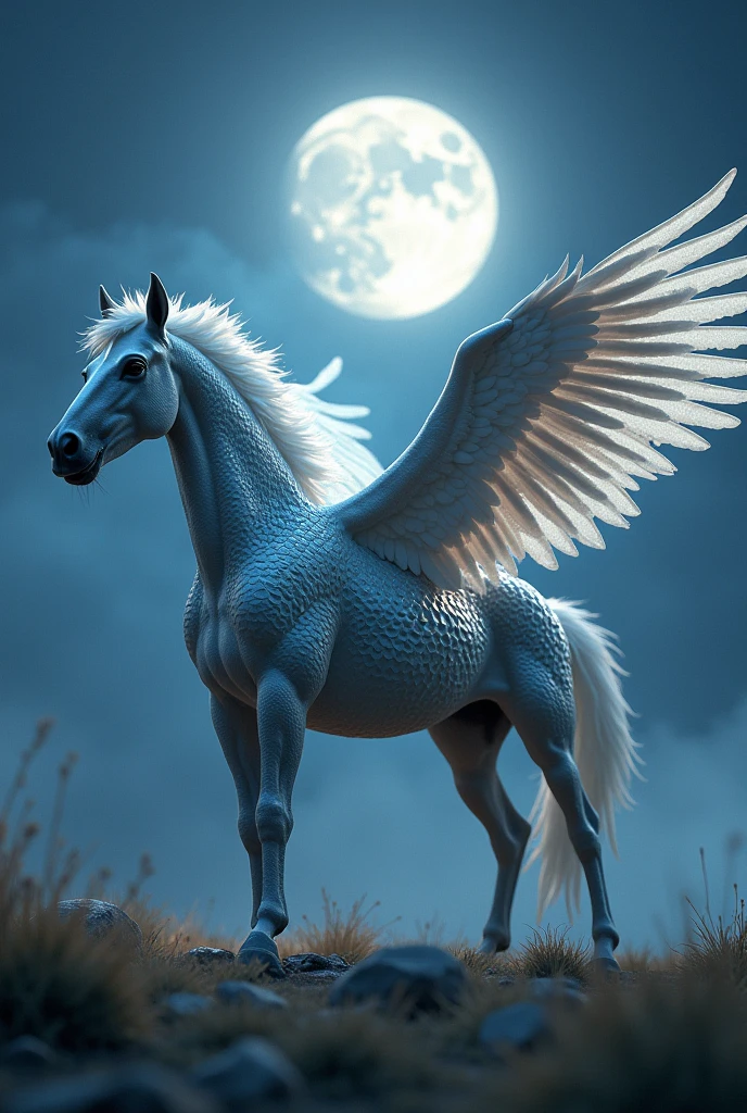 A fantastic animal, Nicer, with the body of a horse, majestic eagle wings and shimmering scales, that sparkle in the moonlight. A girl, 10 years, long blonde hair, rides on the back