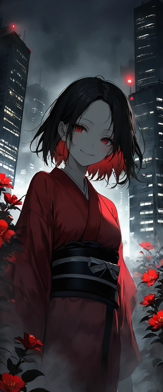 Red silk kimono。Beauty in the mist,Walking in the fog。Black belt。smile。Black short hair。forehead,Foggy Sky。 Beautiful red eyes。Portrait。Dead skin。alone。darkness。Spooky atmosphere。Japan。City of Concrete。Dark atmosphere without light。night。Red flower,Chiaroscuro,Skyscraper。