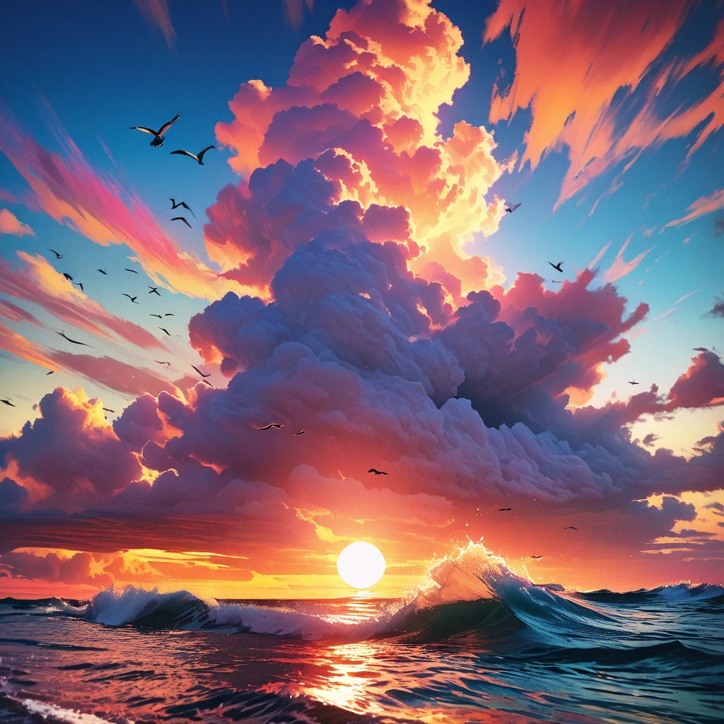 a colorful gradient sky and sea, dramatic clouds, detailed ocean waves, birds flying, sunset, vibrant colors, cinematic lighting, serene and peaceful atmosphere, photorealistic, 8k, hyperdetailed, masterpiece, landscape, highly detailed, glowing sun, golden hour,(60's american pop art style)