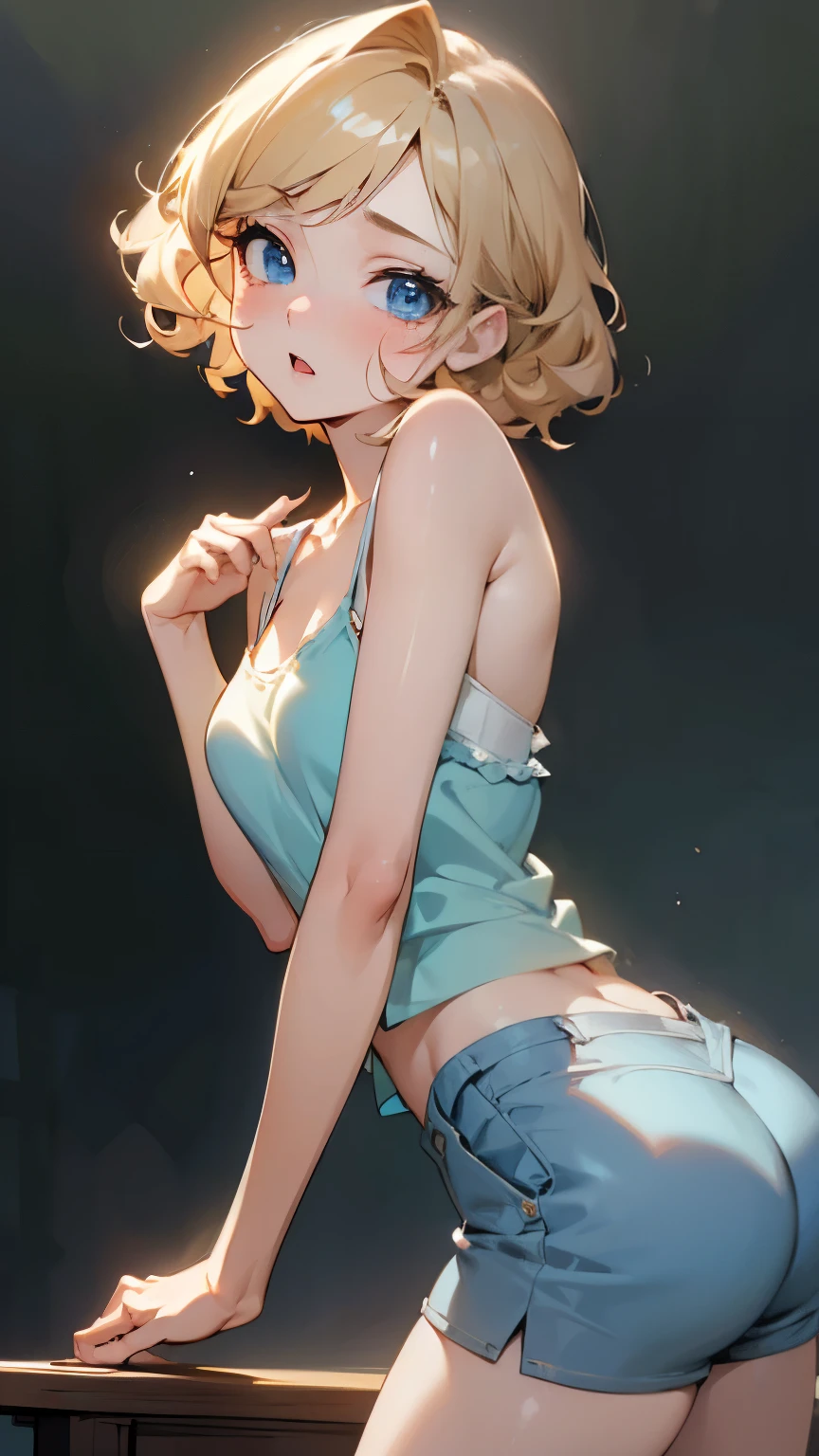 (((Turning around))), buttocks, half-naked shorts, short curly blonde hair, droopy eyes, blue eyes, no makeup, detailed face, singing expression, fitted blue camisole, beautiful half-Asian woman, leaning forward