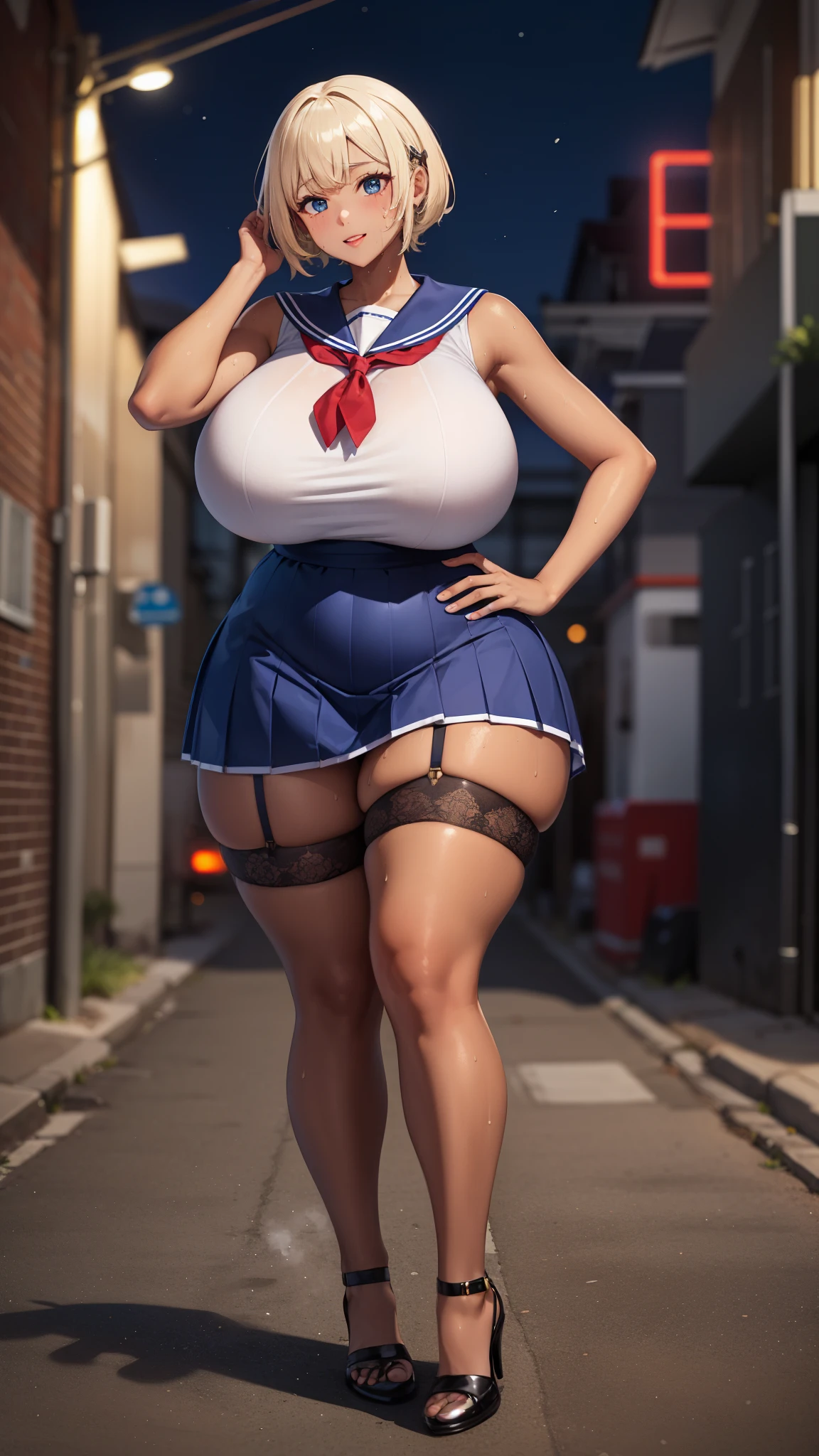 ((8k,Highest quality、Very tall、Voluptuous schoolgirl))、(gigantic tits，Thick thighs、Big Hips、Very long legs、Short Hair、arm up:1.3)、Blonde、blue eyes、(Dark Skin、Sweaty:1.3)、(Plump、happy smile:0.75)、Sleeveless sailor suit、A short navy blue skirt、Fishnet tights、Belly button、Garter Stockings、Panty shot、Dark back alley、night