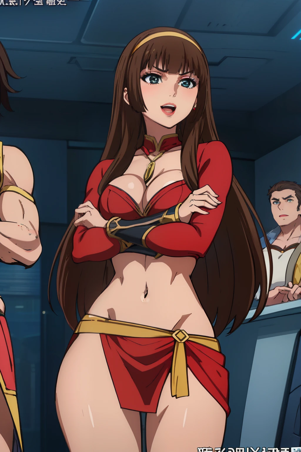 Brown Hair,Long Hair,Sayaka Yumi,  blush, lipstick, Hot Girls, villain, stare, Glare, Bad attitude, Mean Girls, crazy, smoking, Functional, attractive, jewelry, Earrings, masterpiece, Highest quality, Advanced Details, Fantasy , a Anime Girls in armored dress holding a sword
posing for a picture, evil smile, smile, 【Open your mouth, breastplate with open Cleavage, Cleavage, warrior outfit, Naughty anime style, Anime Girls, Naughty style, (Browsing Caution) pay attention, Naughty, Digital anime art!!, Anime Style, Official artwork, Visual Novel CG, 美しいAnime Girls, Anime Style 4k , Loin cloth, Exposed abdomen, Exposed navel, Exposed abdomen, Lower abdomen exposure, Pencil Skirt Armor, city,inside city