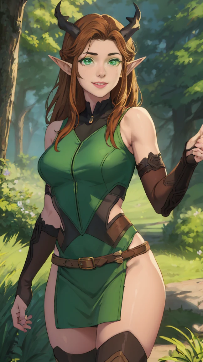 Keylet, Keylet, long hair, Brown hair, portrait of a girl, emphasis on the face, very sexy, beautiful breasts, naked, Erotica,(green eyes:1.3), pointed ears, elf, horns, freckles, smile, break thighhighs, gloves, boots, fingerless gloves, thigh boots, Brown shoes, a green dress, break outdoors, the forest, nature, break looking at viewer, (cowboy shot:1.5), break (masterpiece:1.2), Best quality, High resolution, unity 8k wallpaper, (illustration:0.8), (beautiful detailed eyes:1.6), very detailed face, perfect lighting, extremely detailed computer graphics, (perfect hands, Ideal Anatomy),