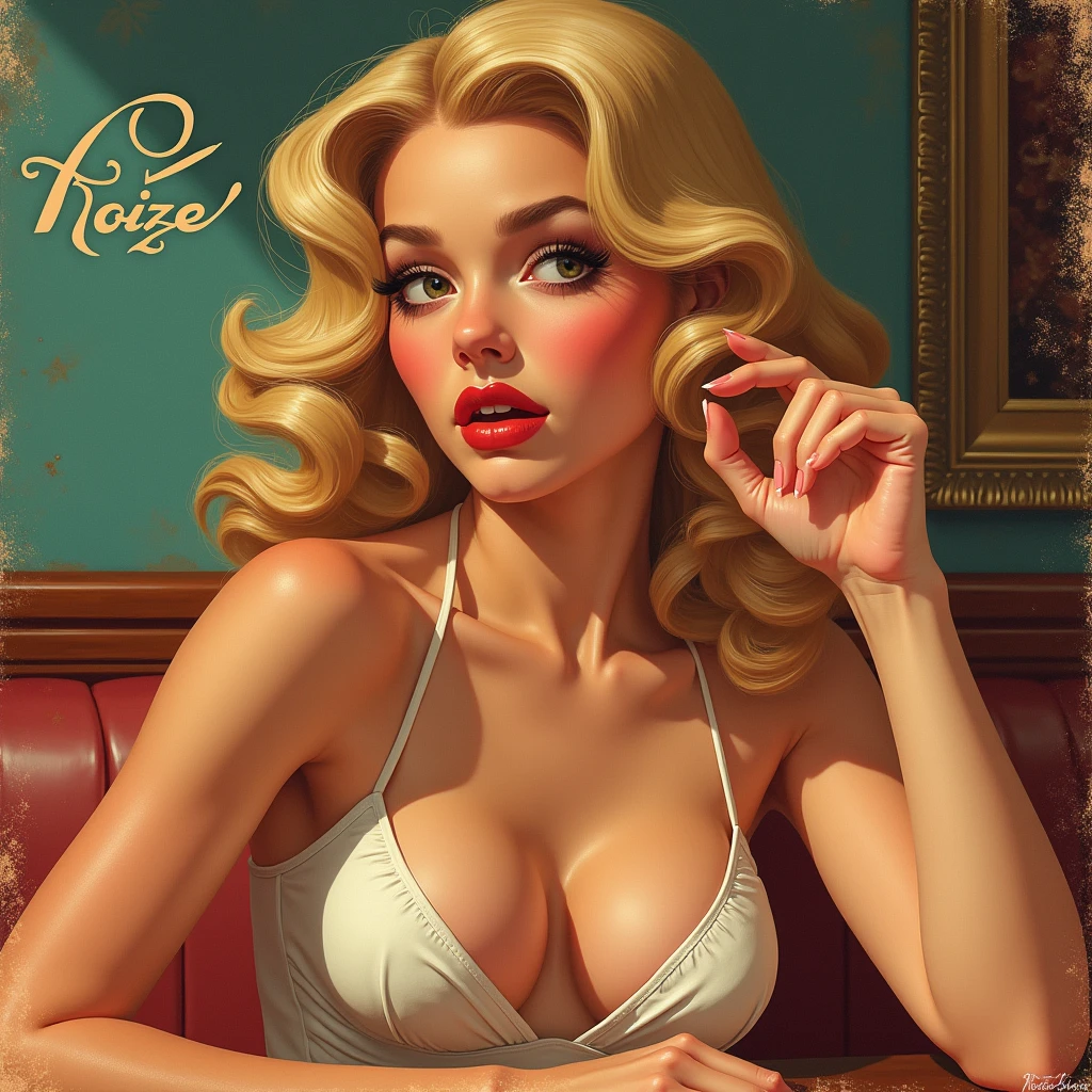 woman, fancy, red lipstick, makeup, cigarette, smoking, light blue eyes, long eyelashes, parted lips, medium breasts, lingerie, blush, shy, short curly blonde hair, (sketch:1.2), upper body, masterpiece, dark, noir, best quality, absurdres