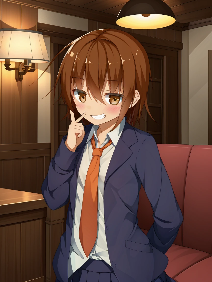 Portrait, official art, best masterpiece, best quality, best resolution, 8K, best detailed, highly detailed mouth, highly detailed eyes, perfect anatomy
BREAK
cowboy shot, finger to mouth, one arms behind back
BREAK
WakabaKC, brown hair, brown eyes, white shirt, black blazer, black skirt, red necktie, school uniform, solo, 1small girl, (very small breasts), (child_like build, short stature:1.2)
BREAK
(happy), (blush:1.2), smile, little grin
BREAK
luxurious mansion, living room, (night, midnight, darkness:1.3), very fine and detailed 16KCG wallpapers