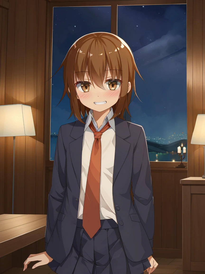 Portrait, official art, best masterpiece, best quality, best resolution, 8K, best detailed, highly detailed mouth, highly detailed eyes, perfect anatomy
BREAK
cowboy shot, finger to mouth, one arms behind back
BREAK
WakabaKC, brown hair, brown eyes, white shirt, black blazer, black skirt, red necktie, school uniform, solo, 1small girl, (very small breasts), (child_like build, short stature:1.2)
BREAK
(happy), (blush:1.2), smile, little grin
BREAK
luxurious mansion, living room, (night, midnight, darkness:1.3), very fine and detailed 16KCG wallpapers