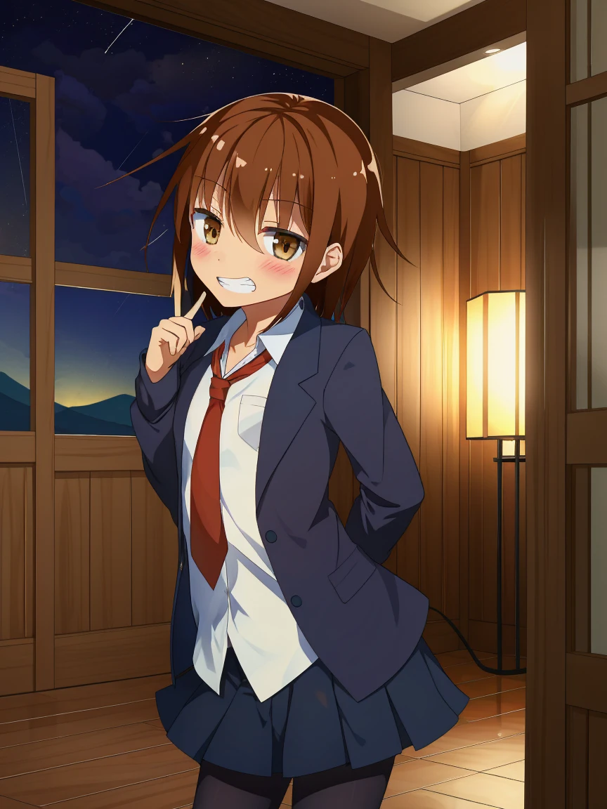 Portrait, official art, best masterpiece, best quality, best resolution, 8K, best detailed, highly detailed mouth, highly detailed eyes, perfect anatomy
BREAK
cowboy shot, finger to mouth, one arms behind back
BREAK
WakabaKC, brown hair, brown eyes, white shirt, black blazer, black skirt, red necktie, school uniform, solo, 1small girl, (very small breasts), (child_like build, short stature:1.2)
BREAK
(happy), (blush:1.2), smile, little grin
BREAK
luxurious mansion, living room, (night, midnight, darkness:1.3), very fine and detailed 16KCG wallpapers