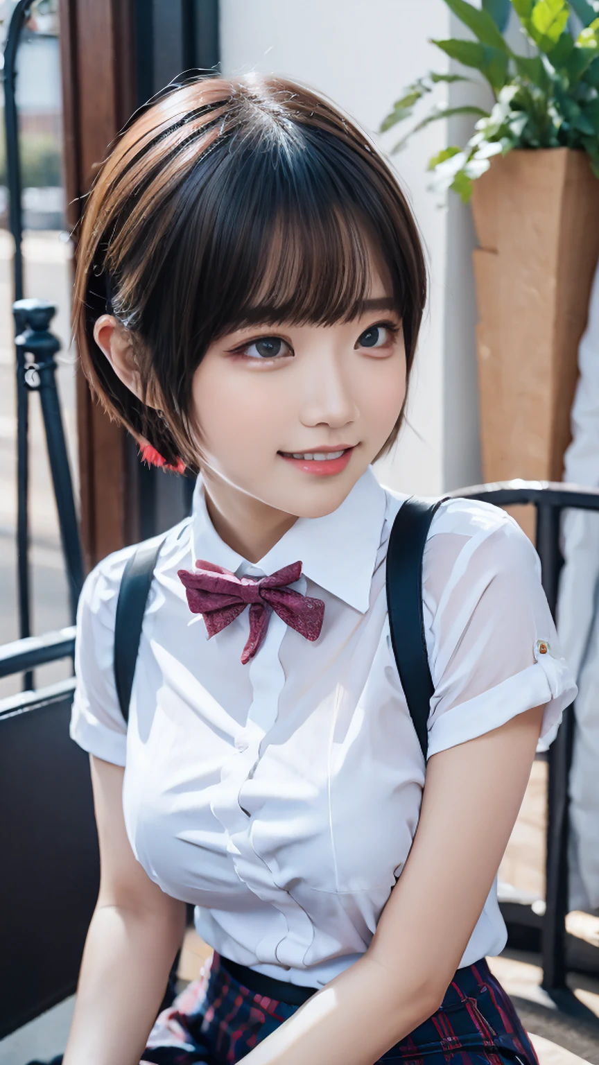 (8K、Raw photography、top-quality、​masterpiece:1.2)、(realisitic、Photorealsitic:1.37)、ultra-detailliert、
1 beauty、18year old、独奏、Beautiful detailed sky、Detailed Cafe、natta、sitting on、date、(blush of the nose)、(A smile:1.1)、(Mouth closed)、small tits、seducting smile、large aparture、profetional lighting、Sony A7R4、Zessie 50mm f1.8、
medium breasts⁩、Beautiful Detail Eye、(shirt with collar:1.1)、a bow tie、pleatedskirt、(short-hair:1.2)、Floating hair、schools