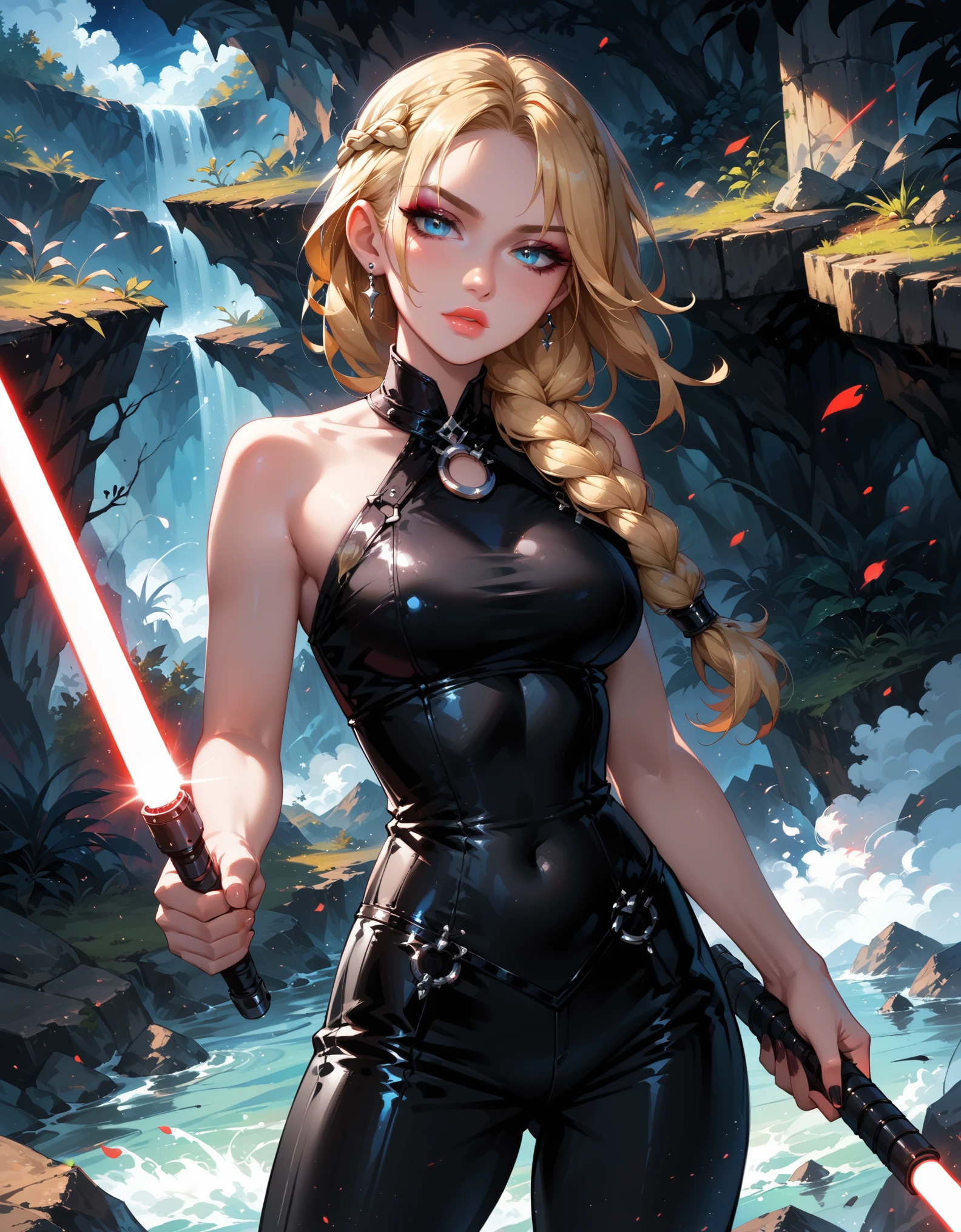 Dark Fantasy Art of score_9, score_8_up, score_7_up, rating_questionable, fantasy, lighting, epiCPhoto 1girl, solo, Sith Lord (ASTRIDHOFFERSON, blonde hair, braid, Long hair, blue eyes:1.2), (black latex top and latex pants:1.1), bare shoulders, bare arms, flirt, gaze, menacing look, half-closed eyes, head tilt, filled lips, thick lips, makeup, confident look, holding single red LightSaber, attack stance, modelling shoot, sexy pose, rocky shore setting, dark, moody, dark fantasy style, (midnight, moonless night:1.3), cowboy shot.