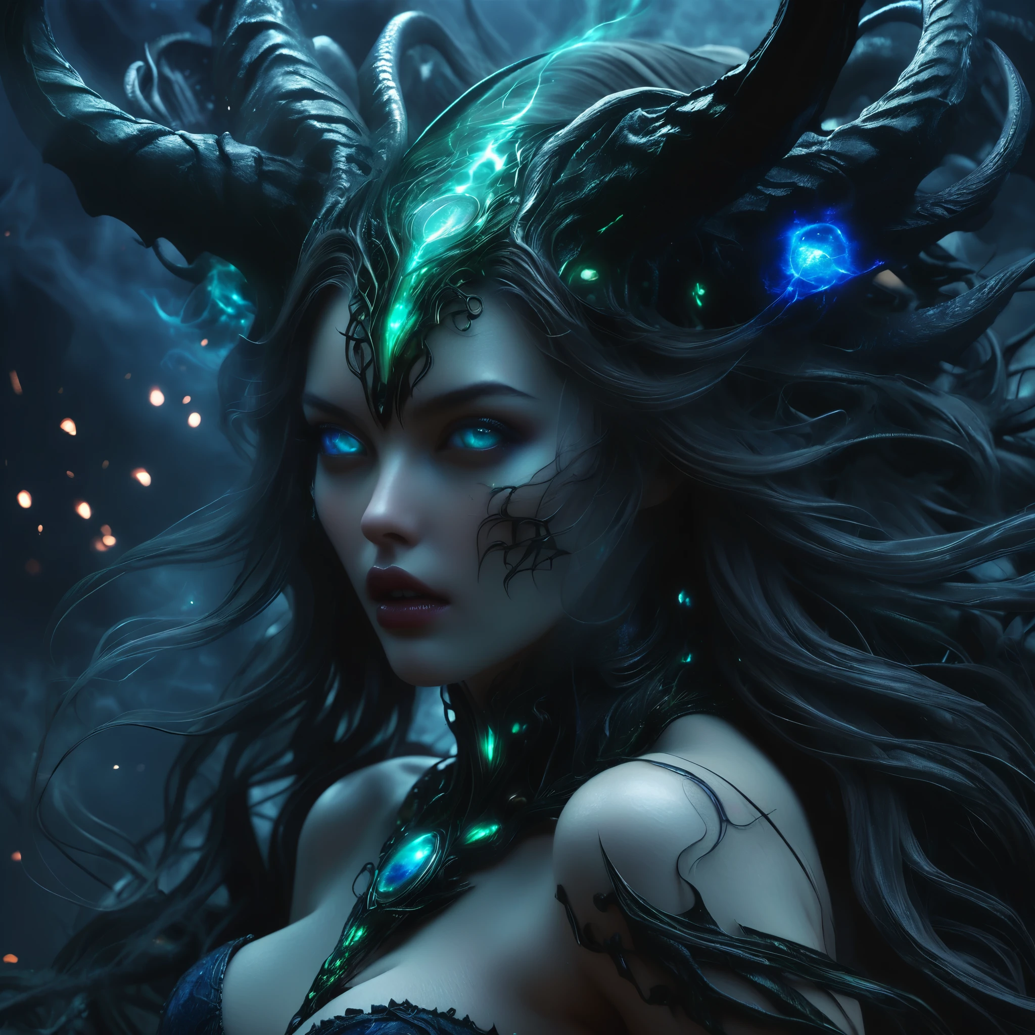 (best quality,4k,8k,highres,masterpiece:1.2),ultra-detailed,(realistic,photorealistic,photo-realistic:1.37),Giant demons with three faces from another dimension summoned from the magic circle, cosmic horror, deformed heads with tentacles and twisted horns, a tremendous number of huge fangs, long sharp claws, a long tail, a terrifying figure clad in blue flames, overwhelming violence that brings the world down into chaos, liberation of imagination, breaking the limits, creation of a new world (amazingly powerful and realistic composition by Greg Rutkowski:1.2) (one of them is the most beautiful girl's face in the universe:1.5), (NSFW:1.5), (It has an organ on its head that looks like the external genitalia of a female:1.5)