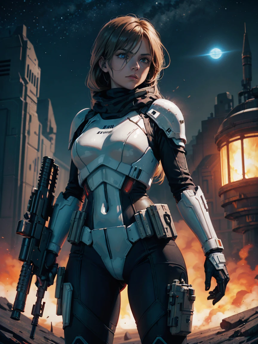 there is a woman holding a gun in front of a spaceship, hyperrealistic fantasy art, doom eternal, female stormtrooper, heaven planet in background, inspired by Jan Victors, in foreground boy with shotgun, orianna, grey orange, dune (2021) --ar 16:9 --v 5.1