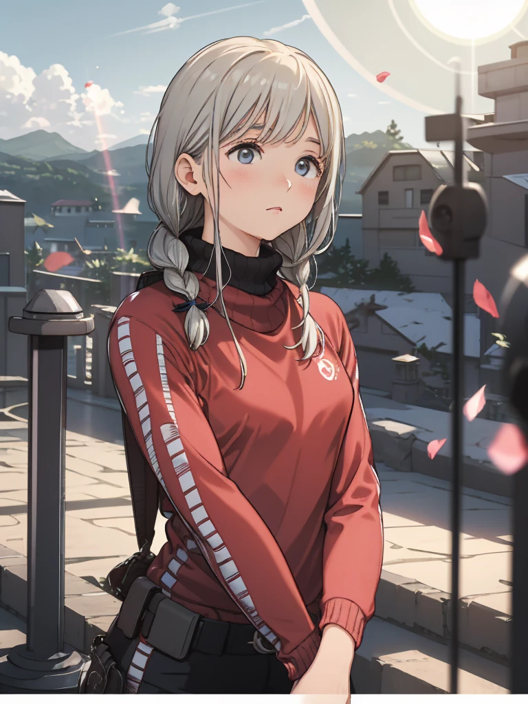 one woman, 14 talents, cozy turtleneck sweater, Upper body angle, Very cute, Perfect good looks, Braid, ash gray hair, glare of the sun, Depth of object being written, blurred background, particles of light, Strange wind, Highest image quality, highest quality, ultra high resolution, master piece,