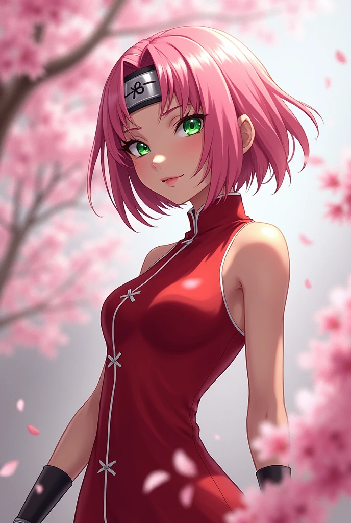 tmasterpiece, Best quality at best, 1girll, Sakura Haruno, Large breasts,(upperbody closeup),Raised sexy,is shy,ssmile,with pink hair, long whitr hair, (Green eyeballs:1.4), Forehead protection, the cherry trees,Cherry blossoms flying,((slutty and revealing micro-bikini)), cameltoe, aged up,
