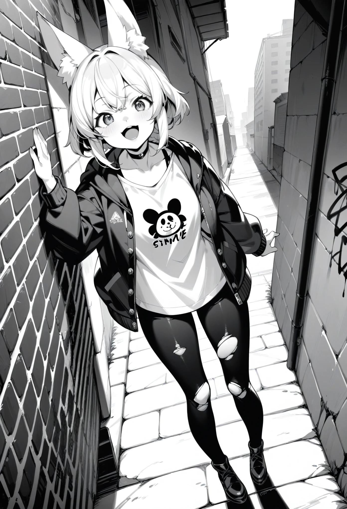 rating_safe, score_9, score_8_up, score_7_up, score_6_up, score_5_up, score_4_up, source_furry, highres, e621, cover page, laughing, perfect anatomy, lineart, monochrome, 1girl, kemono, furry, anthro, choker, shirt, torn legwear, open jacket, against wall, brick wall, graffiti, dim lighting, alley, dynamic angle,